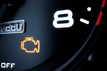 Car dashboard displaying illuminated check engine signal