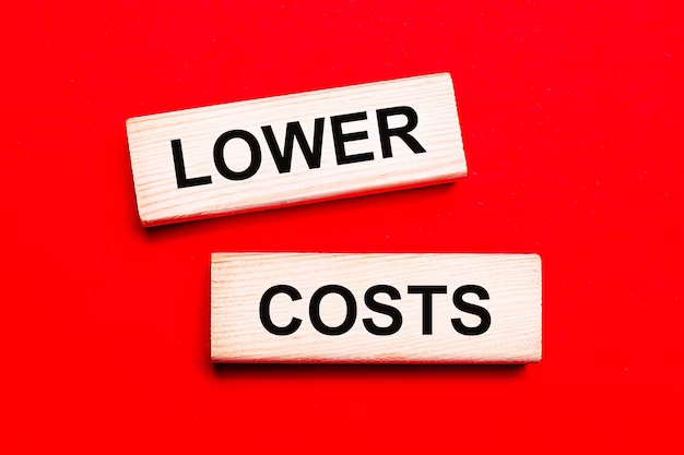Two wooden rectangles with the words "lower" and "cost" on them, placed against a red background